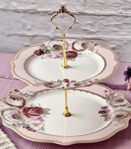 Beautiful Rose Garden Floral Printed 2 Tier Dessert Stand - 1 Pc