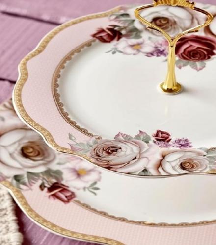 Beautiful Rose Garden Floral Printed 2 Tier Dessert Stand - 1 Pc