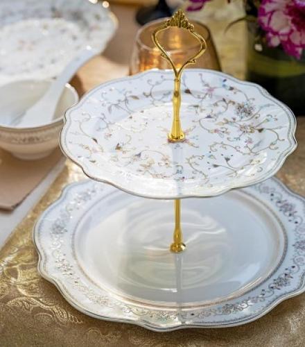 Beautiful White Pattern Floral Printed 2 Tier Dessert Stand - 1 Pc