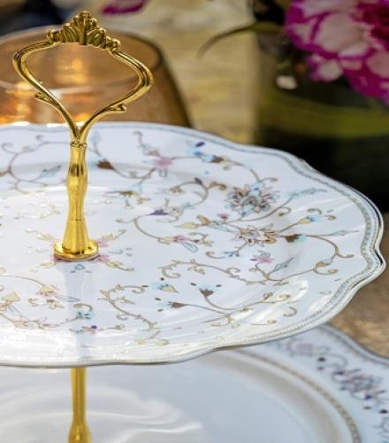 Beautiful White Pattern Floral Printed 2 Tier Dessert Stand - 1 Pc
