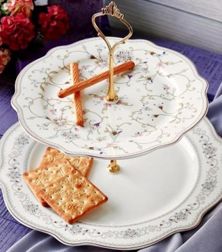 Beautiful White Pattern Floral Printed 2 Tier Dessert Stand - 1 Pc