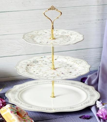 Beautiful White Pattern Floral Printed 3 Tier Dessert Stand - 1 Pc