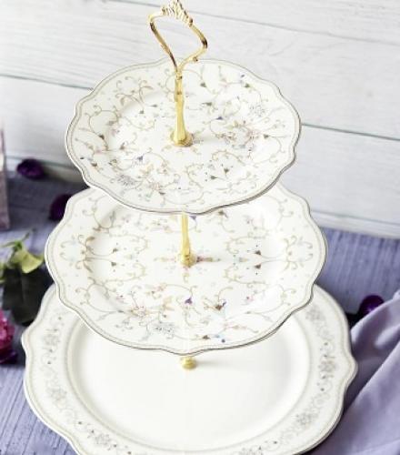 Beautiful White Pattern Floral Printed 3 Tier Dessert Stand - 1 Pc