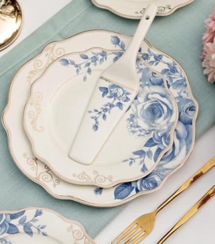 Luxury Floral Azure Gold Printed Snack Plates Set - 1 Set