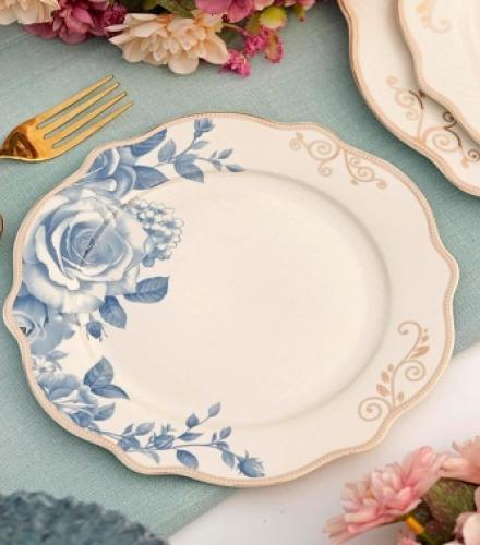 Luxury Floral Azure Gold Printed Snack Plates Set - 1 Set