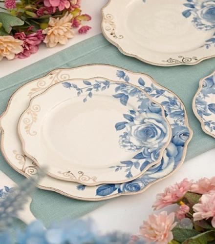 Luxury Floral Azure Gold Printed Snack Plates Set - 1 Set