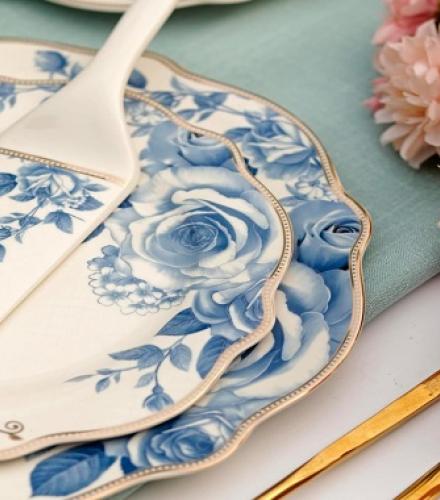 Luxury Floral Azure Gold Printed Snack Plates Set - 1 Set