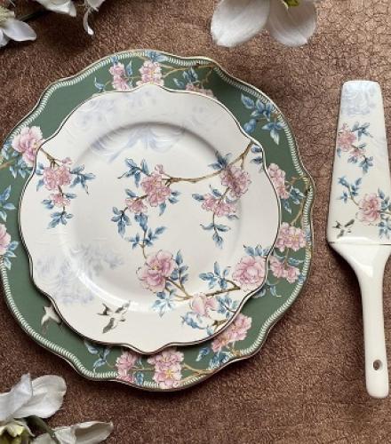 Luxury Floral Victorian Green Printed Snack Plates Set - 1 Set