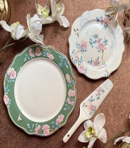 Luxury Floral Victorian Green Printed Snack Plates Set - 1 Set