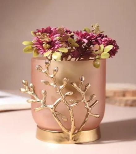 Beautiful Vinlux Glass Vase in Peach and Gold For Decoration - 1 Pc