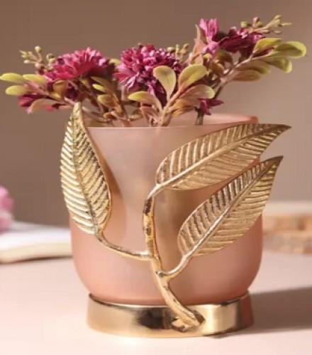 Beautiful Versaleaf Glass Vase in Peach and Gold For Decoration - 1 Pc