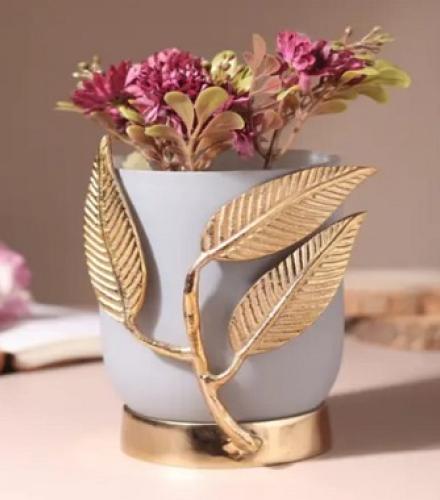 Beautiful Versaleaf Glass Vase in Grey and Gold For Decoration - 1 Pc