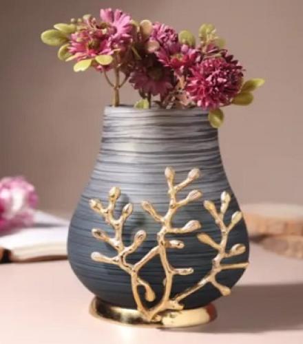 Beautiful Versalux Glass Vase in Wavy Grey and Gold For Decoration - 1 Pc
