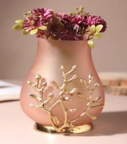Beautiful Versalux Glass Vase in Peach and Gold For Decoration - 1 Pc