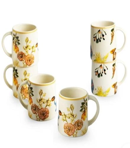 Beautiful Floral Printed Ceramic Coffee Cups Set Of 6 - 1 Set