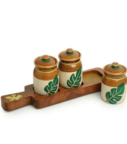 Beautiful Leaf Hand-Painted Ceramic Jars With Tray - 1 Set