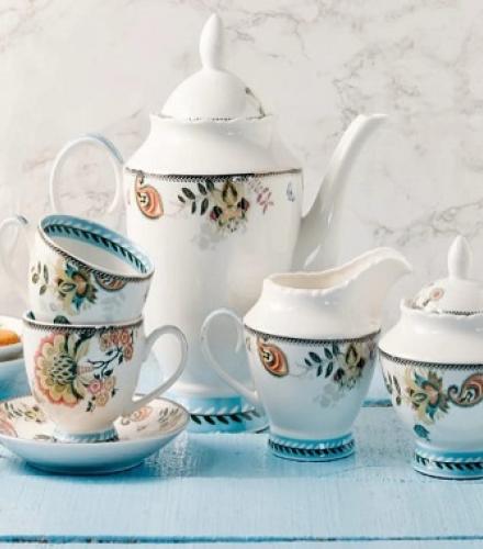 Red Flower Printed Tea Set of 15 Pcs - 1 Set