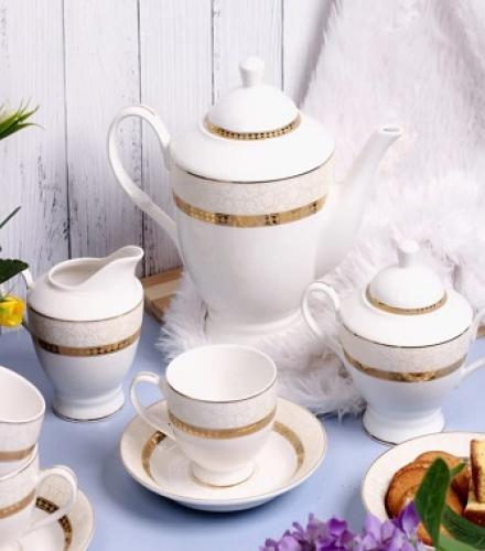 Opaline Gold Printed Tea Set of 15 Pcs - 1 Set