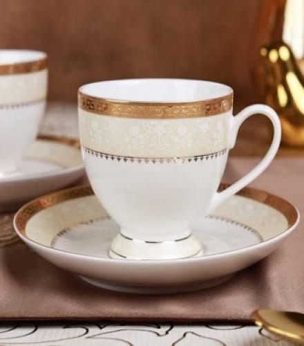 Cream Gold Printed Cup and Saucer Set of 12 Pcs - 1 Set