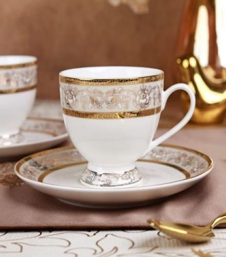 Mughal Gold and Grey Printed Cup and Saucer Set of 12 Pcs - 1 Set