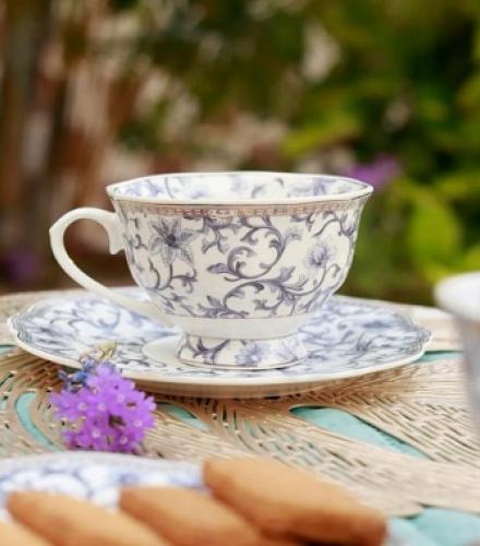 Royal Blue Printed Vintage Cup and Saucer Set of 12 Pcs - 1 Set