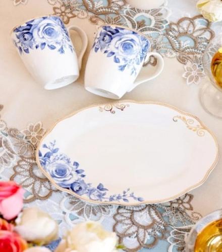 Azure Gold Printed Coffee Mugs with Tray - 1 Set