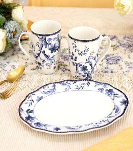 Midnight Blue Printed Coffee Mugs with Tray - 1 Set