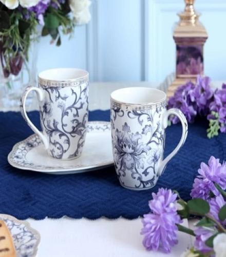 Royal Blue Printed Coffee Mugs with Tray - 1 Set