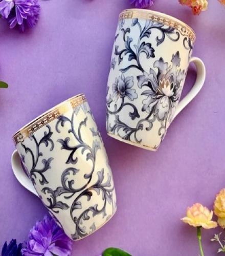 Royal Blue Floral Printed Coffee Mugs Set of 2 - 1 Set