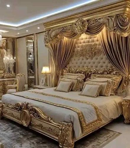 Luxurious High Carved Bed With Canopy and Side Table - 1 Set