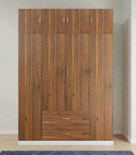 Frosty White with Brussel Walnut 4 Door Wardrobe with Drawer & Hanging Space - 1 Pc