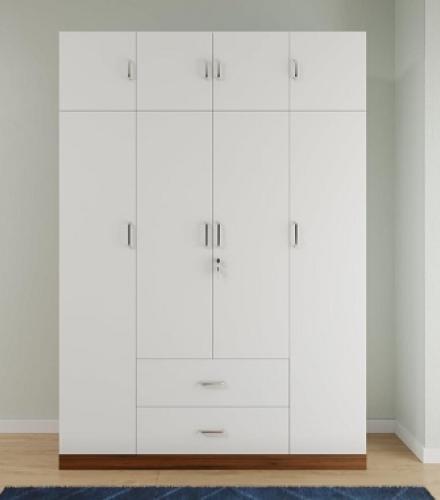 Brussel Walnut with Frosty White 4 Door Wardrobe with Drawer & Hanging Space - 1 Pc