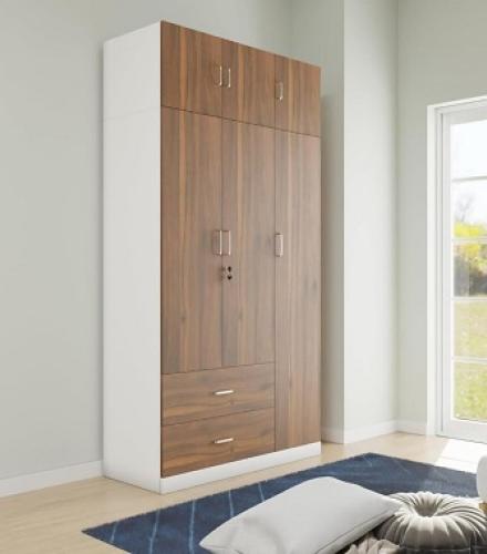 Frosty White with Brussel Walnut 3 Door Wardrobe with Drawer & Hanging Space - 1 Pc