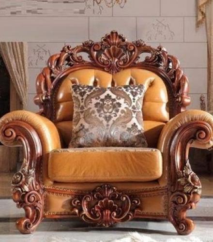 Classic Wooden and Unique Hand Carved Leather Sofa Chair - 1 Pc