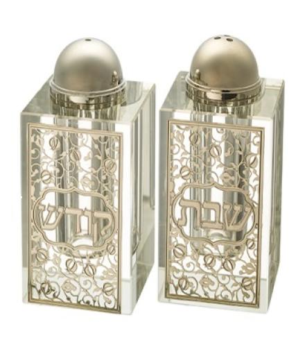 Crystal Salt & Pepper Holders 8x4 cm with Laser Cut Plaque-Pomegranate - 1 Set